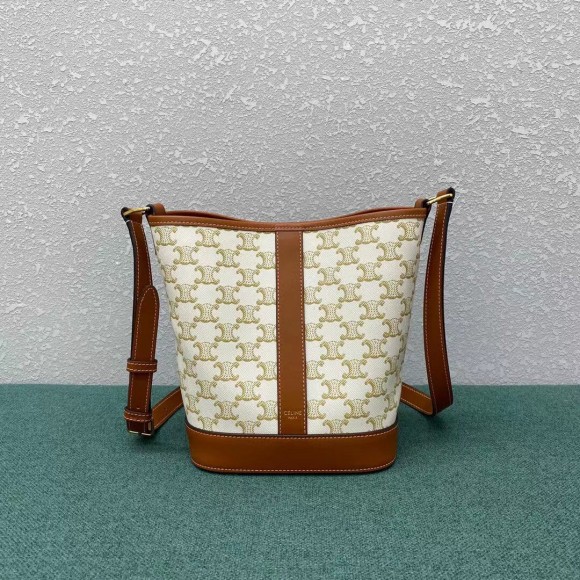 Ce**e small bucket bag in white triomphe canvas