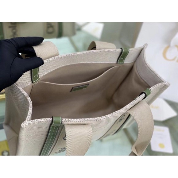 Chloe Medium Woody Tote Bag in Canvas with Green Leather Strips