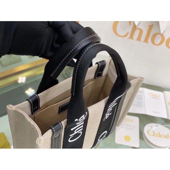 Chloe Small Woody Tote Bag in Canvas with Black Leather Strips