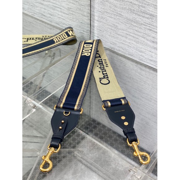 D*or shoulder strap with ring in blue embroidery canvas