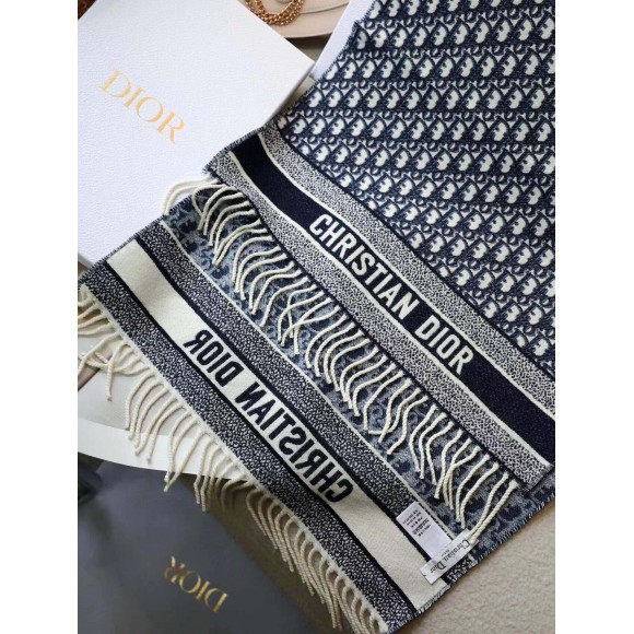 D*or oblique scarf in navy blue cashmere