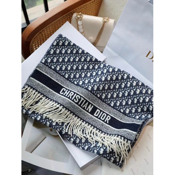D*or oblique scarf in navy blue cashmere