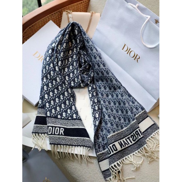 D*or oblique scarf in navy blue cashmere