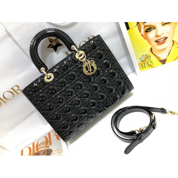 D*or lady D*or large bag in black patent cannage calfskin