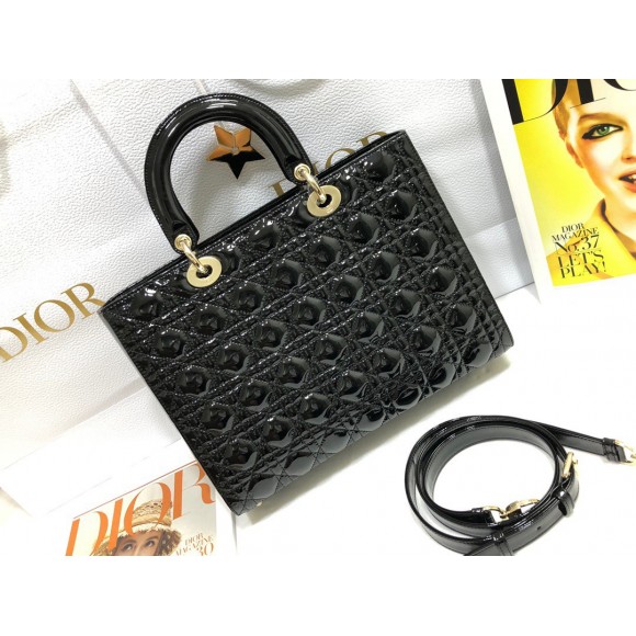D*or lady D*or large bag in black patent cannage calfskin