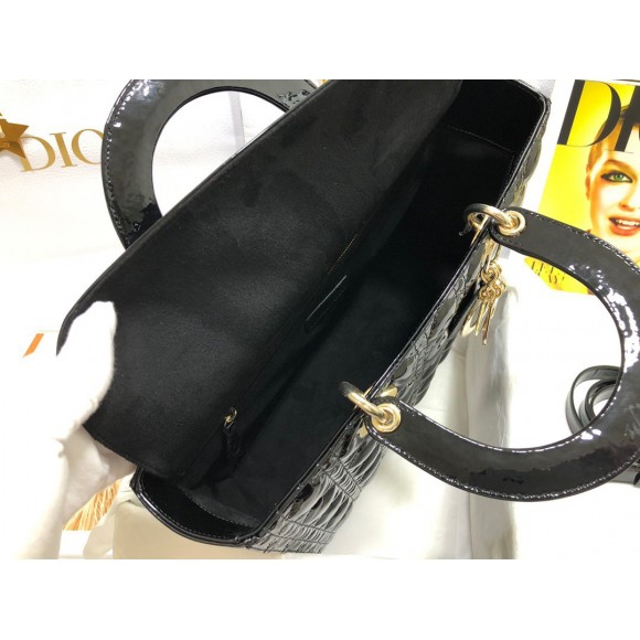 D*or lady D*or large bag in black patent cannage calfskin
