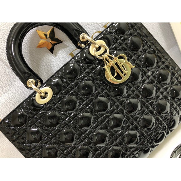 D*or lady D*or large bag in black patent cannage calfskin
