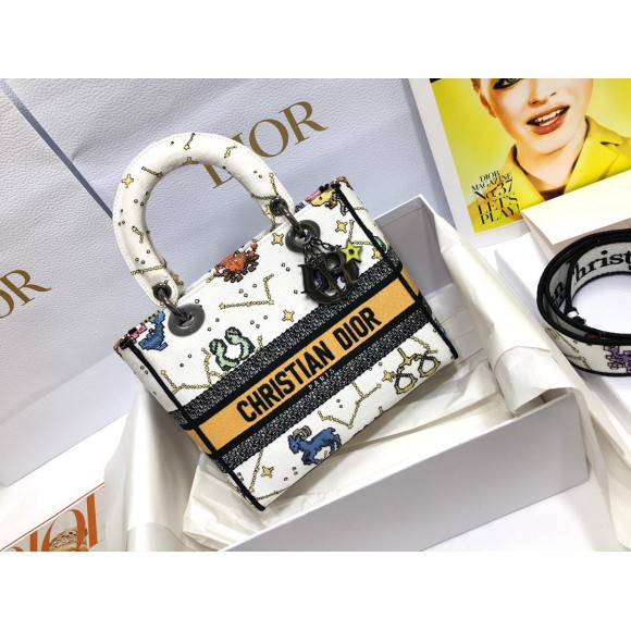 D*or lady d-lite medium bag in white pixel zodiac embroidery