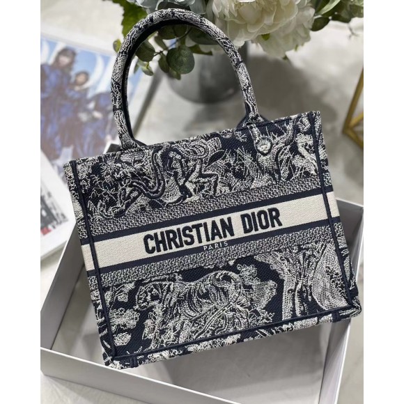 D*or small book tote bag in blue toile de jouy reverse embroidery