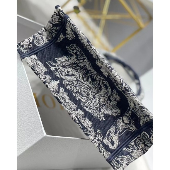 D*or small book tote bag in blue toile de jouy reverse embroidery