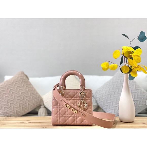 D*or small lady D*or bag in powder patent cannage calfskin