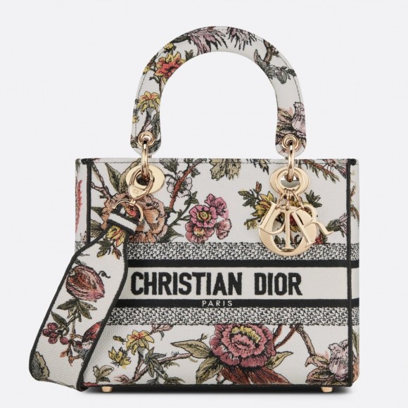 D*or lady d-lite medium bag in white jardin botanique embroidery