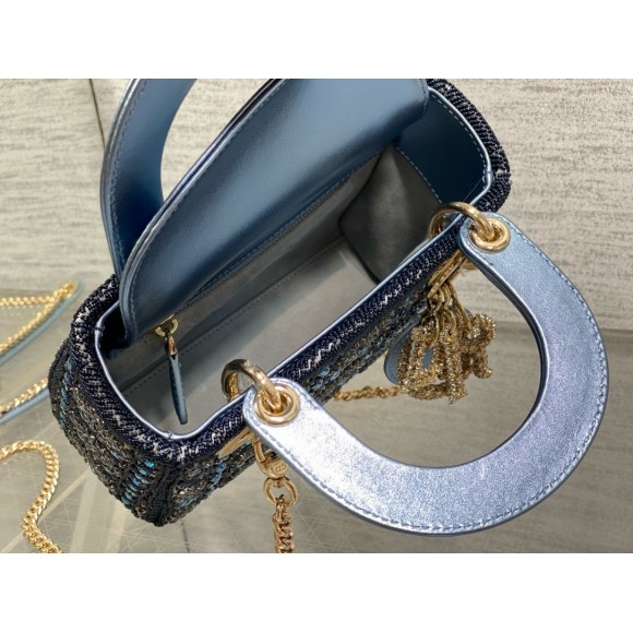 D*or lady D*or mini chain bag in satin with blue bead embroidery