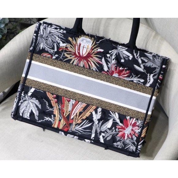 D*or medium book tote in black camouflage with multicolored flowers