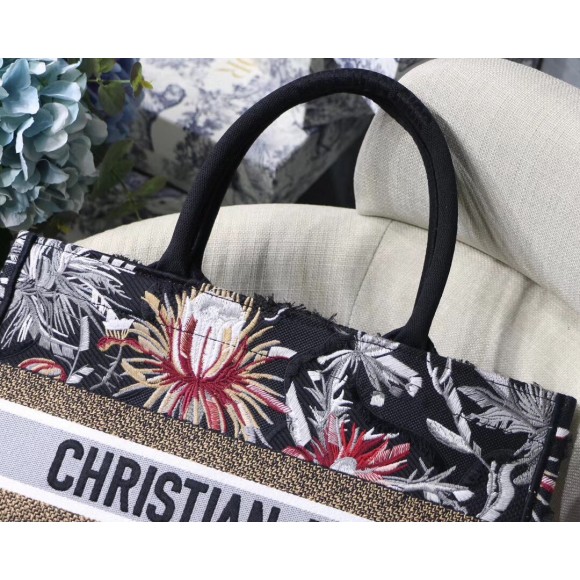 D*or medium book tote in black camouflage with multicolored flowers