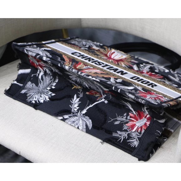 D*or medium book tote in black camouflage with multicolored flowers