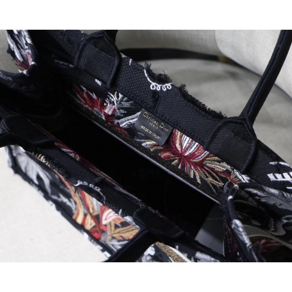 D*or medium book tote in black camouflage with multicolored flowers