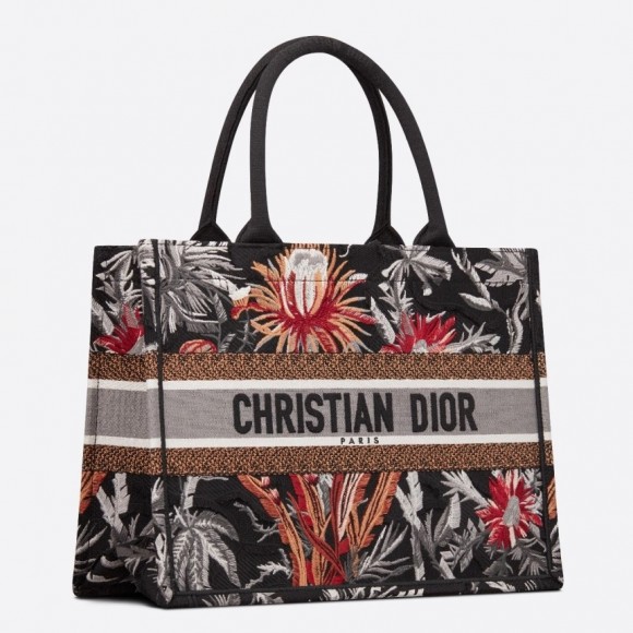 D*or medium book tote in black camouflage with multicolored flowers