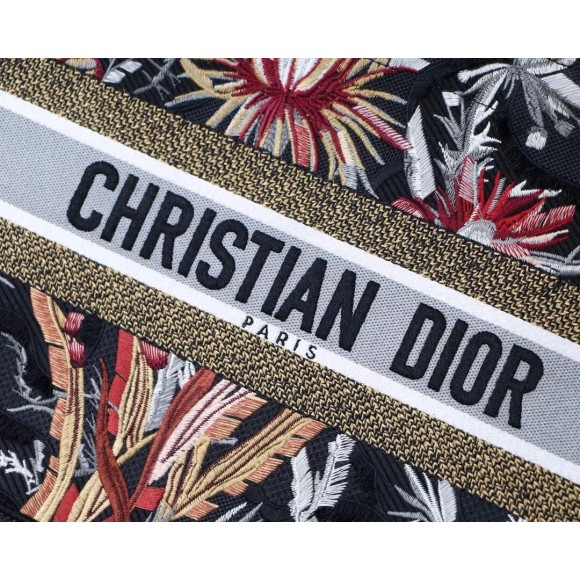 D*or medium book tote in black camouflage with multicolored flowers