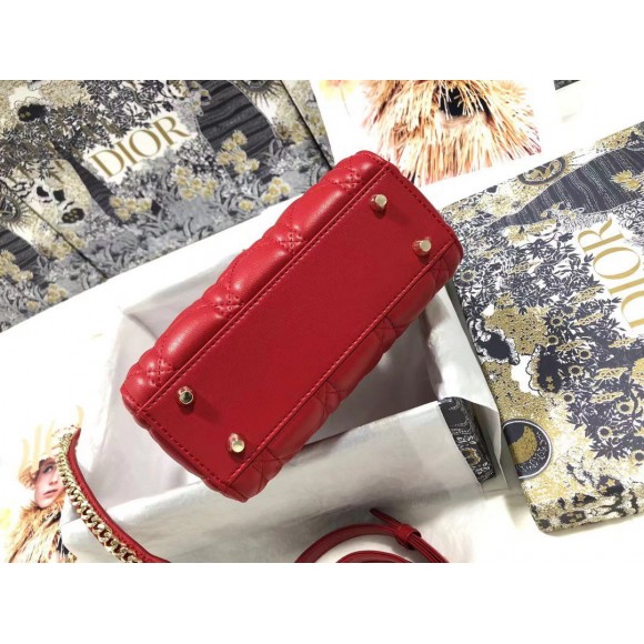 D*or lady D*or mini bag with chain in red cannage lambskin
