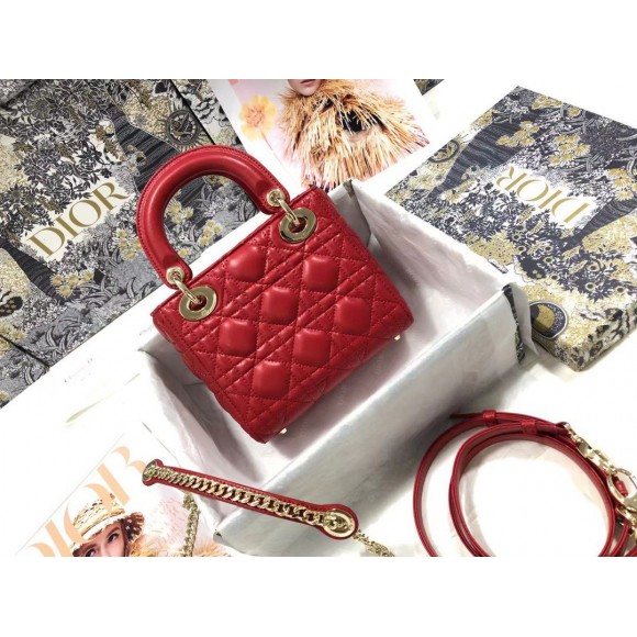 D*or lady D*or mini bag with chain in red cannage lambskin