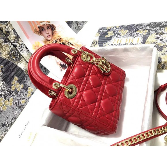 D*or lady D*or mini bag with chain in red cannage lambskin