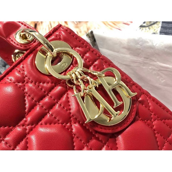 D*or lady D*or mini bag with chain in red cannage lambskin