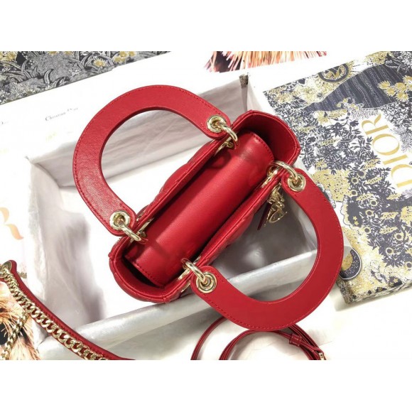 D*or lady D*or mini bag with chain in red cannage lambskin