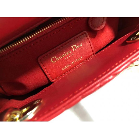 D*or lady D*or mini bag with chain in red cannage lambskin
