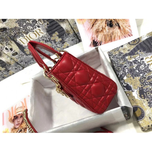 D*or lady D*or mini bag with chain in red cannage lambskin