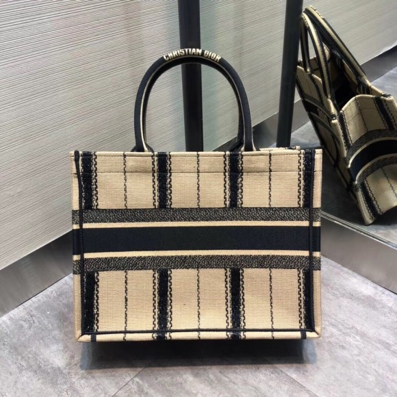 D*or medium book tote bag in black and beige bayadère embroidered