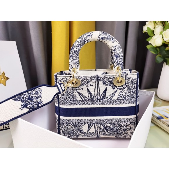D*or lady d-lite medium bag in blue multicolor rêve d'infini embroidery
