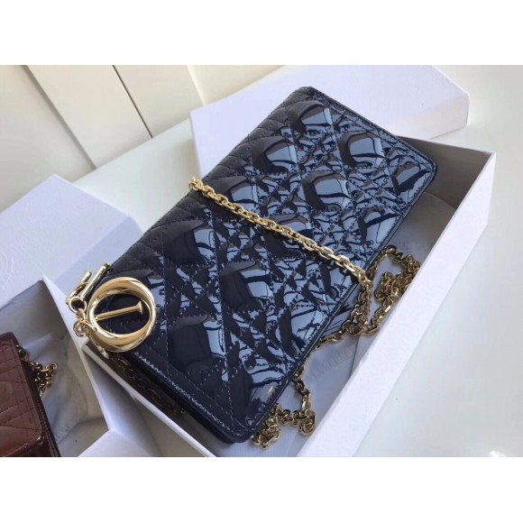 D*or lady D*or chain pouch in black patent cannage calfskin