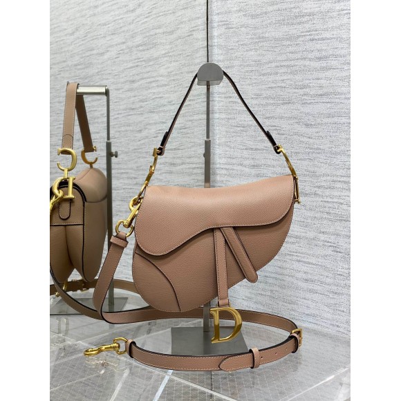 D*or saddle bag with strap in blush grained calfskin