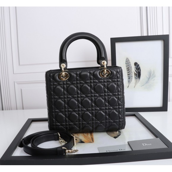 D*or lady D*or medium bag in black lambskin with enamel charm