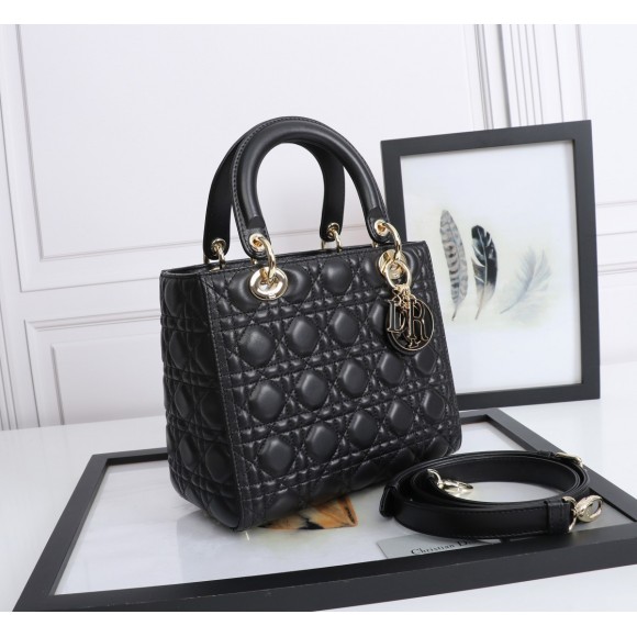 D*or lady D*or medium bag in black lambskin with enamel charm