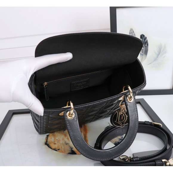 D*or lady D*or medium bag in black lambskin with enamel charm