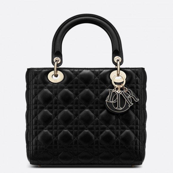 D*or lady D*or medium bag in black lambskin with enamel charm