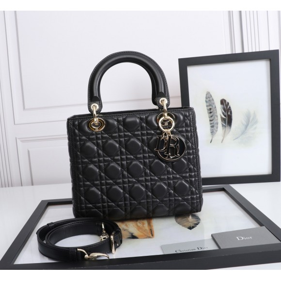 D*or lady D*or medium bag in black lambskin with enamel charm
