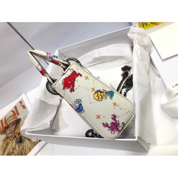 D*or lady D*or mini bag in white calfskin with pixel zodiac print