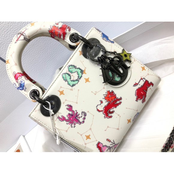 D*or lady D*or mini bag in white calfskin with pixel zodiac print