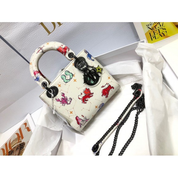 D*or lady D*or mini bag in white calfskin with pixel zodiac print