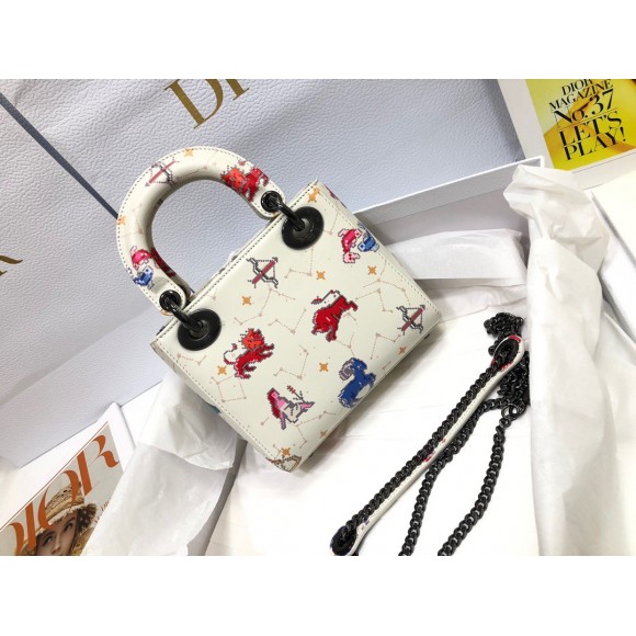 D*or lady D*or mini bag in white calfskin with pixel zodiac print