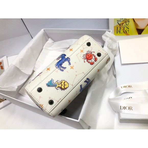 D*or lady D*or mini bag in white calfskin with pixel zodiac print