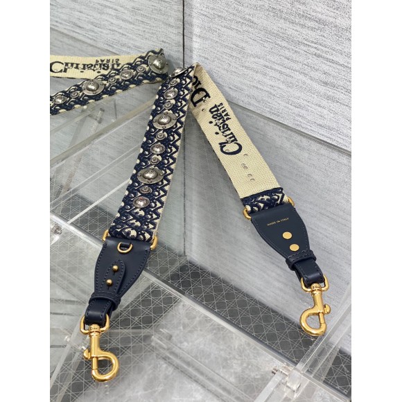 D*or shoulder strap with ring in blue oblique embroidery with medallions