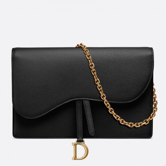 D*or saddle chain pouch in black grained calfskin