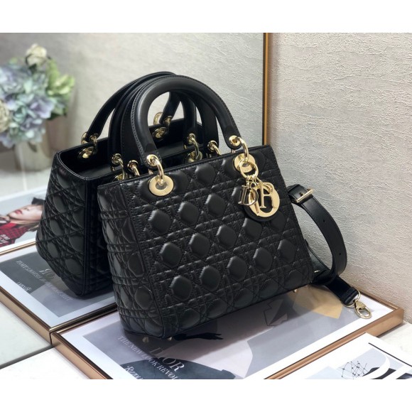 D*or lady D*or medium bag in black cannage lambskin