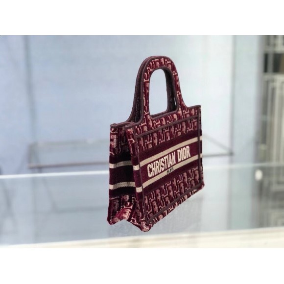 D*or mini book tote bag in bordeaux velvet oblique embroidered