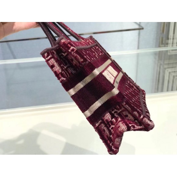 D*or mini book tote bag in bordeaux velvet oblique embroidered