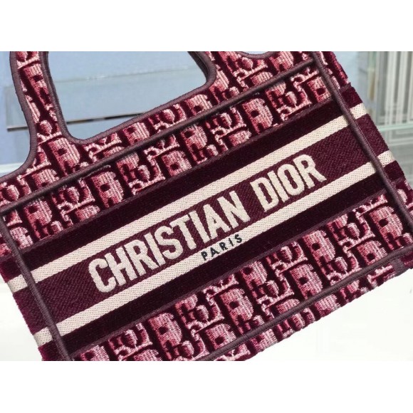 D*or mini book tote bag in bordeaux velvet oblique embroidered